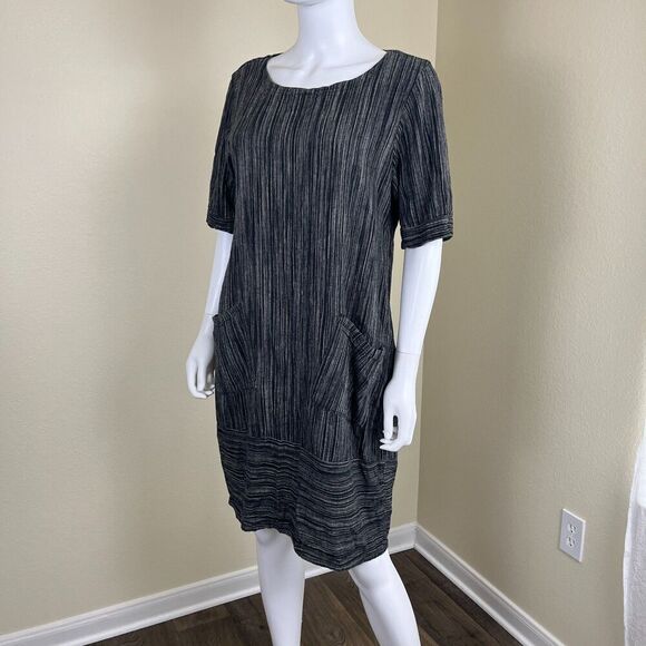 Lisa Bayne Women's Size S Black Stripe Woven Linen Shift Dress Lagenlook Artisan - Picture 8 of 12